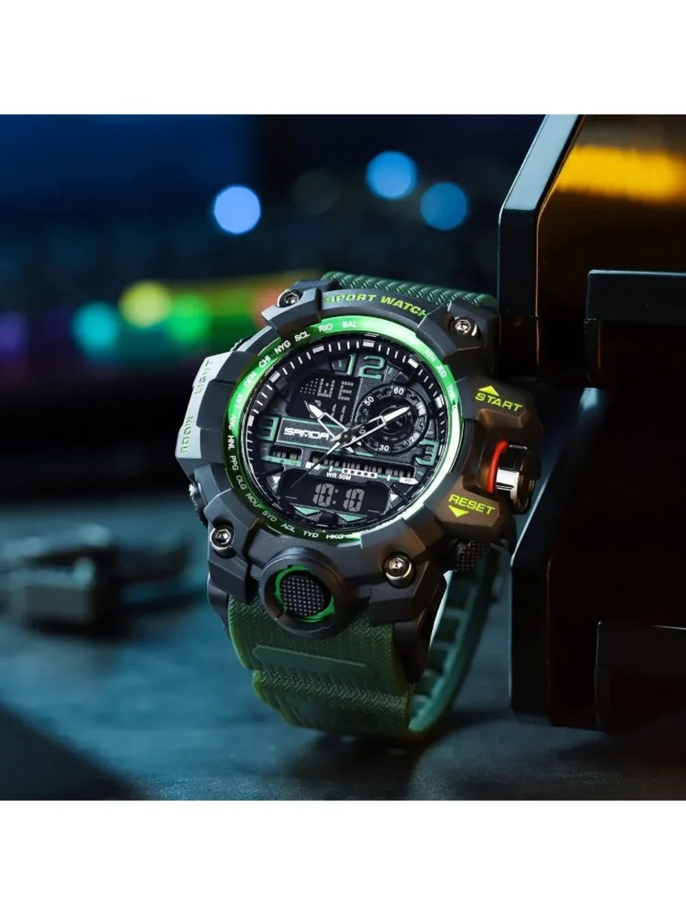 Men's Green Analog Quartz Waterproof Military Sports Outdoor LED Digital Watch